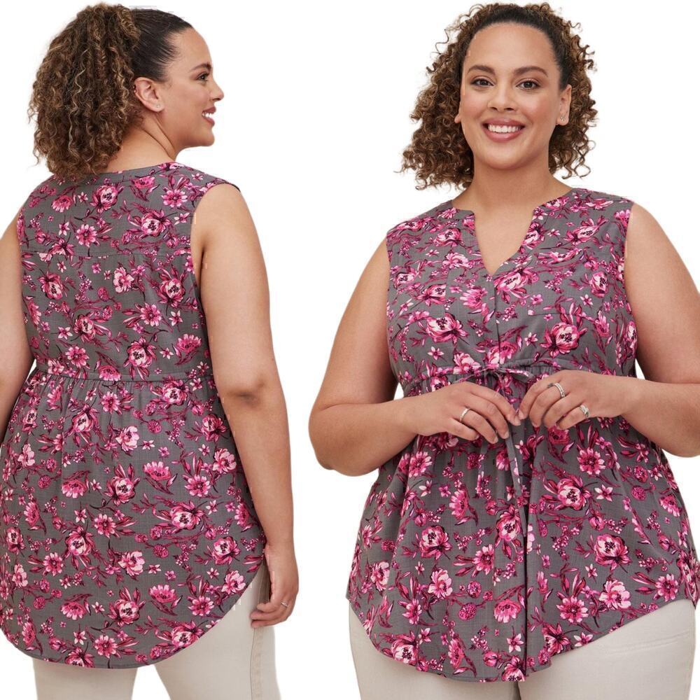 Torrid Emma Babydoll Rayon Slub Tie Waist Sleeveless Tunic Top Floral Grey Sz 10